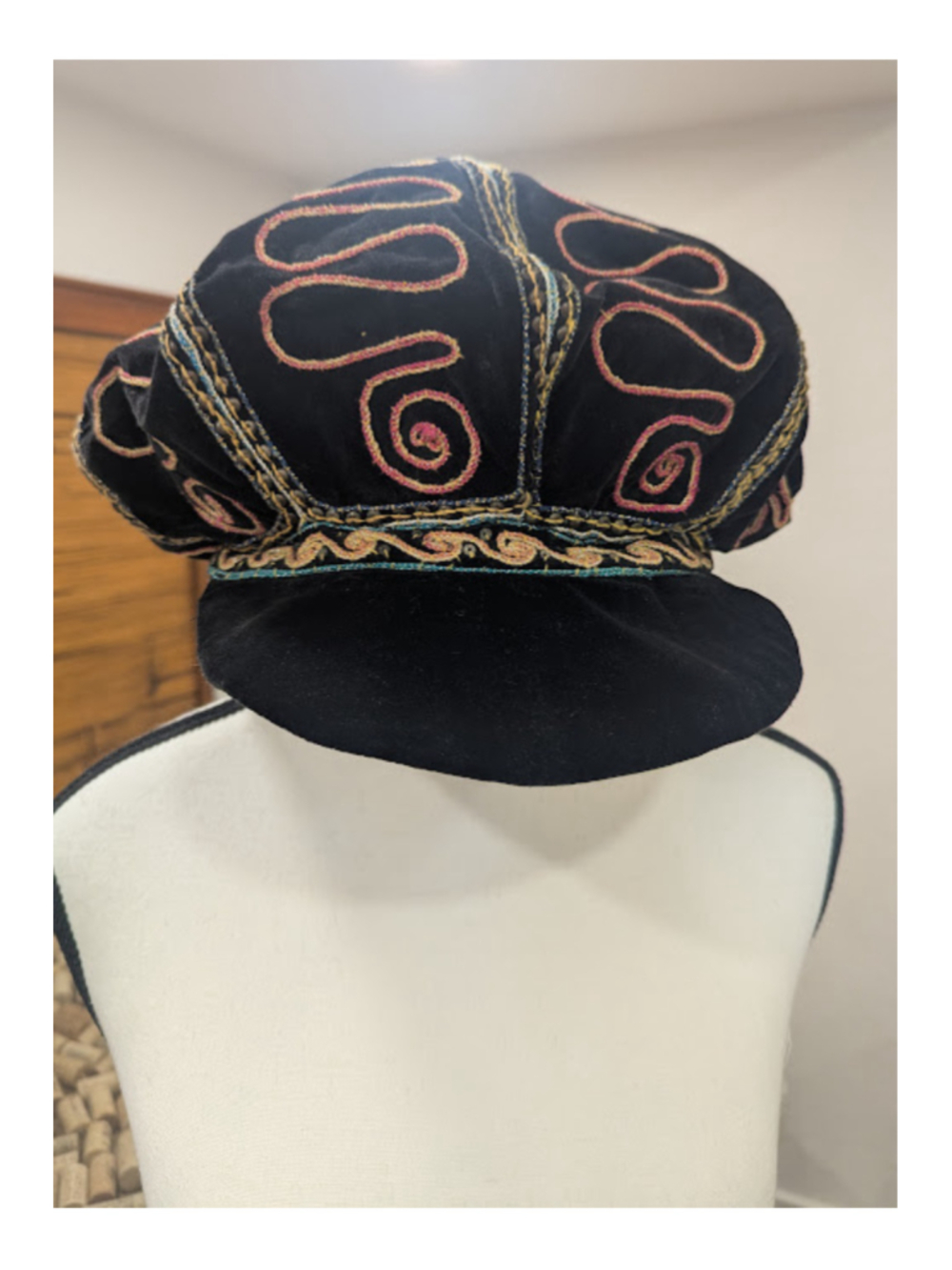 Rico International Embroidered Newsboy Hat Black Boho Y2K Festival Artsy